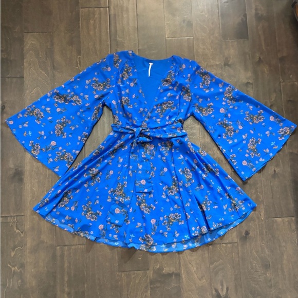 Free People Lilou Floral Bell Sleeve Blue Dress - Picture 3 of 6